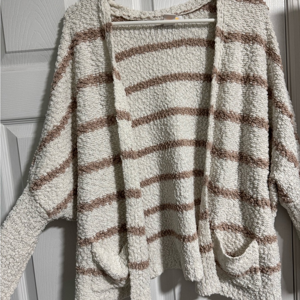 C&C California Cream and Brown Cardigan Sweater Soft Knit